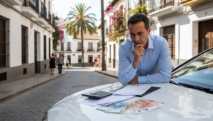 A car parked in a Spanish city street with a calculator, insurance documents, and euro banknotes laid out on the car hood....