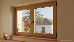 A close-up of a modern double-glazed window with thermal insulation frame in a cozy Spanish home interior, warm sunlight c...