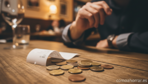 A close-up of euro coins on a wooden restaurant table next to a bill receipt. A hand gestures thoughtfully near the coins....