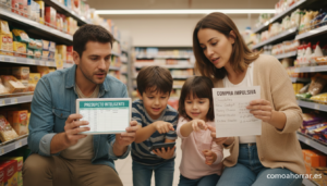 A family comparing two shopping lists at the supermarket, one and budgeted, the other impulsive, showing smart spending ha...