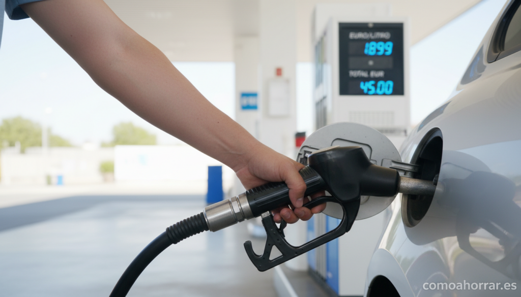 Home Elementor 1 A hand holding a fuel pump nozzle at a gas station in Spain, with a digital price display showing the fuel cost per liter,...