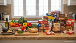 A home kitchen counter with fresh vegetables and ingredients on one side and a stack of processed frozen food packages on ...