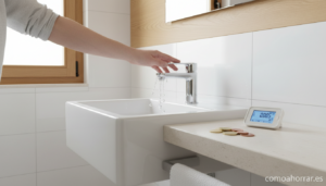 A modern bathroom with water-efficient fixtures, a running tap with a hand turning it off, water droplets visible. A water...
