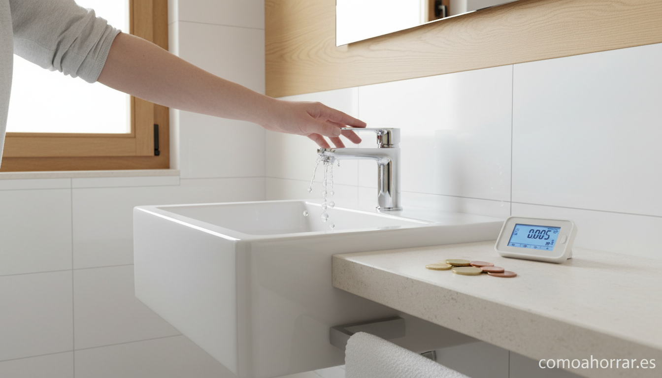 A modern bathroom with water-efficient fixtures, a running tap with a hand turning it off, water droplets visible. A water...