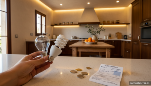 A modern kitchen interior with energy-efficient LED bulbs glowing warmly in ceiling fixtures. A hand holds a classic incan...