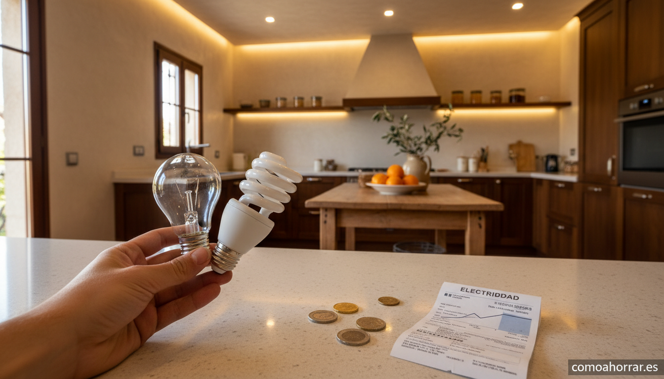 A modern kitchen interior with energy-efficient LED bulbs glowing warmly in ceiling fixtures. A hand holds a classic incan...