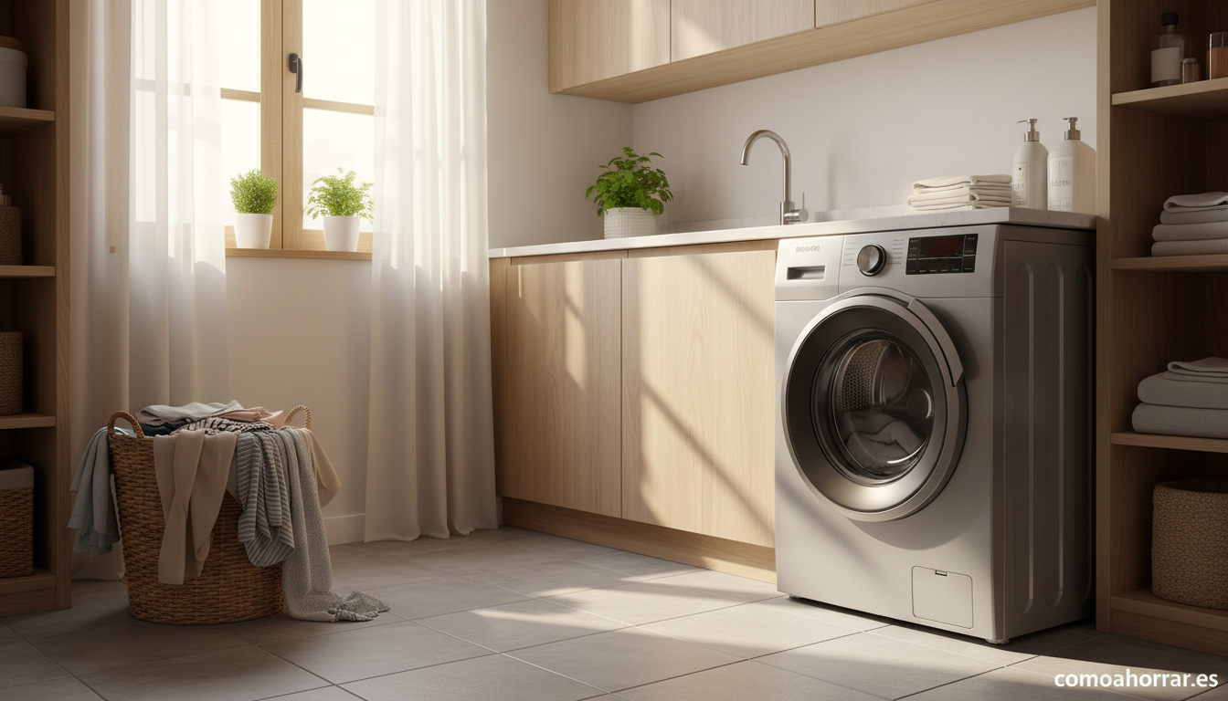 Lavadora moderna con cesta de ropa en lavandería doméstica bien organizada