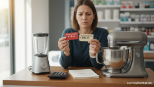 A person comparing two price tags on products in a store, thoughtful expression, one cheap and one quality item side by si...