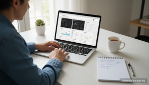 A person reviewing financial products and investment options on a laptop, with a notepad showing handwritten notes about s...