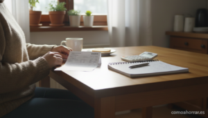 A person sitting at a kitchen table reviewing a salary slip and bank account statement, with a calculator and a small note...