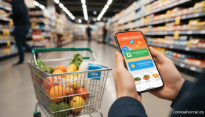A person using a smartphone app showing discount coupons and cashback offers at a supermarket, with a shopping basket in f...