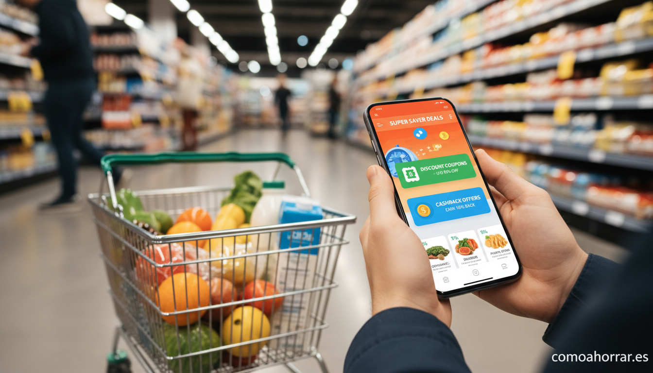 A person using a smartphone app showing discount coupons and cashback offers at a supermarket, with a shopping basket in f...