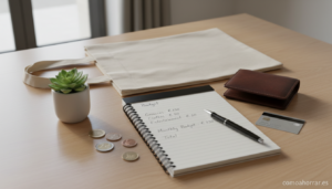 A shopping bag and wallet on a table with a notepad showing a budget list, concept of controlled spending and smart shoppi...