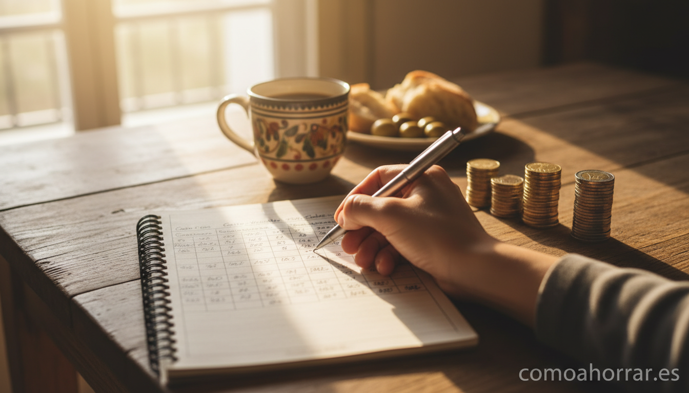 A Spanish home kitchen table with a notebook open showing a monthly budget spreadsheet, a pen, and euro coins arranged nea...