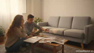 A young couple in a modest apartment living room, thoughtfully looking at a simple sofa and a budget notebook on a coffee ...