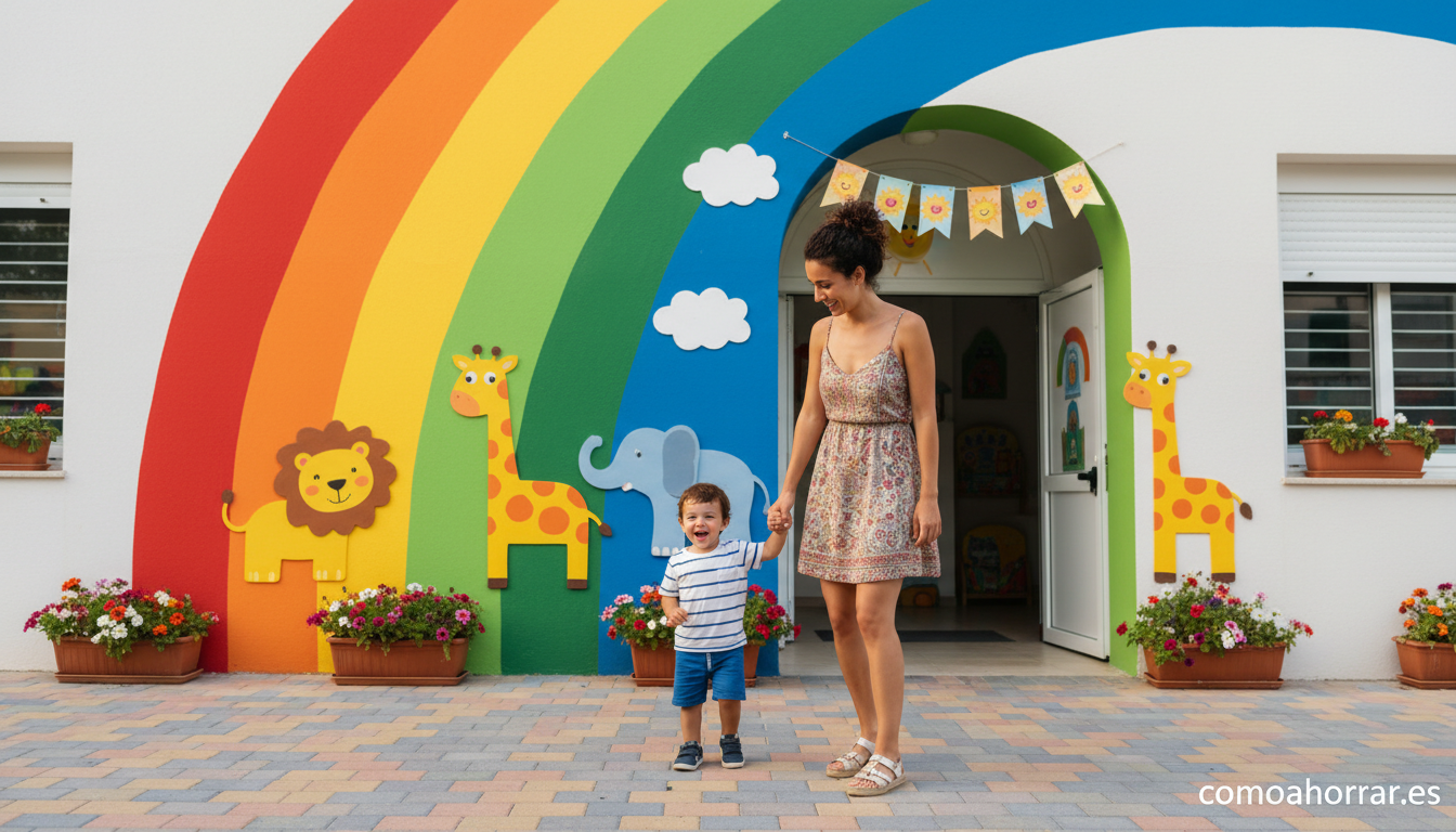 A young Spanish mother and toddler near a colorful kindergarten building entrance, natural daylight, warm and friendly atm...