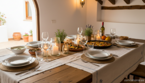 Home Elementor 16 Elegant but budget-friendly dinner table set for guests, with well-presented food dishes, wine glasses, candles, warm ligh...