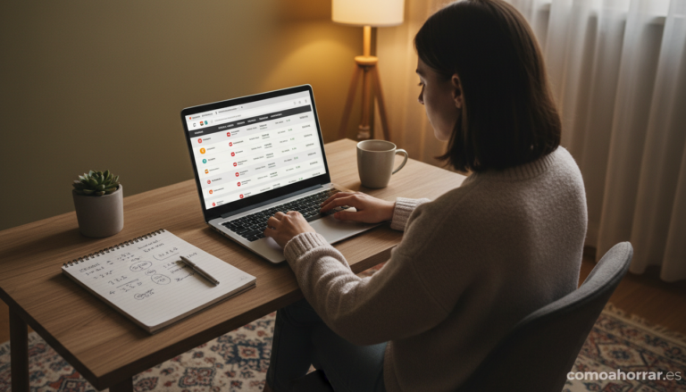 Home Elementor 5 Person comparing mobile phone tariff plans on a laptop at home, multiple operators displayed on screen, notepad with calcu...