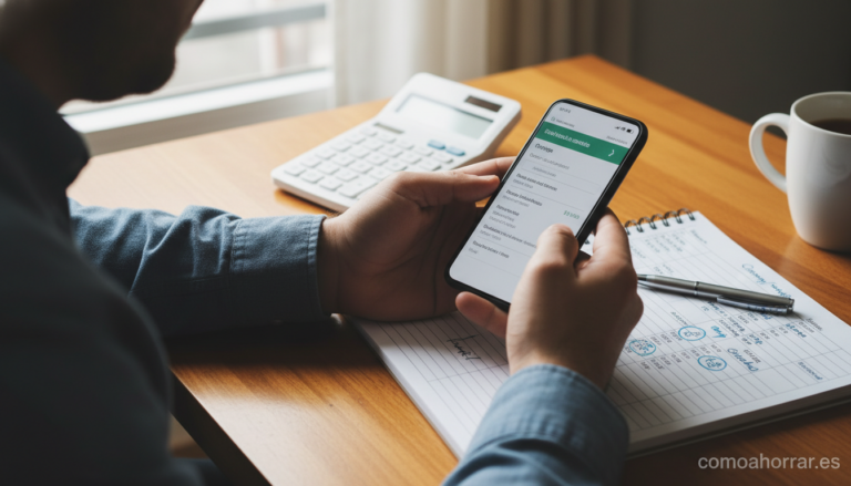 Home Elementor 7 Person holding a smartphone and looking at a monthly bill, with a calculator and a notepad showing phone plan comparison b...