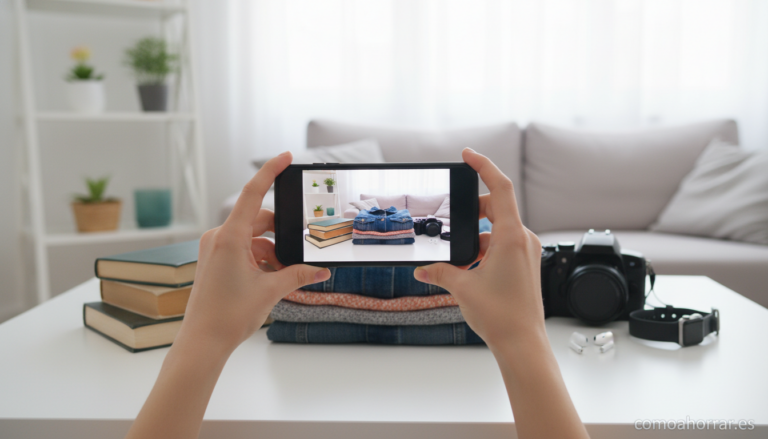 Home Elementor 4 Person photographing items to sell second hand: clothes, books, small electronics on a clean white table with a smartphone...