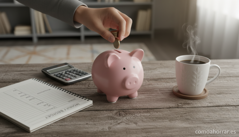 Home Elementor 4 Person putting coins into a piggy bank on a wooden desk, alongside a notebook with monthly budget tracking, calculator and...