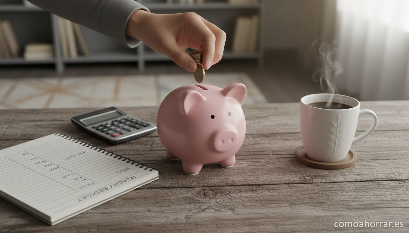 Person putting coins into a piggy bank on a wooden desk, alongside a notebook with monthly budget tracking, calculator and...