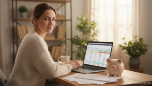 Person reviewing bank savings account statements and comparing interest rates on a laptop screen, piggy bank on desk, warm...