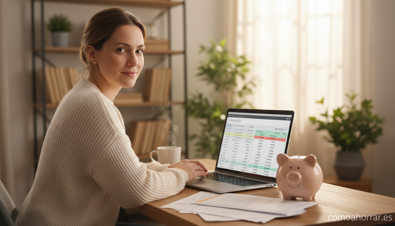 Person reviewing bank savings account statements and comparing interest rates on a laptop screen, piggy bank on desk, warm...