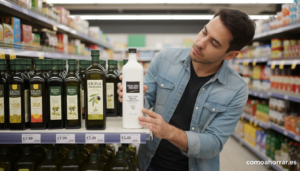 Supermarket shelf with products side by side: a branded product and a white-label store brand, a person examining both tho...