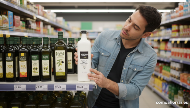 Home Elementor 9 Supermarket shelf with products side by side: a branded product and a white-label store brand, a person examining both tho...