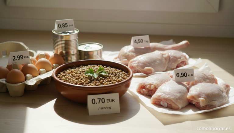Home Elementor 5 Variety of affordable protein foods on a kitchen counter: eggs, canned sardines, lentils in a bowl, chicken thighs, rabbit...